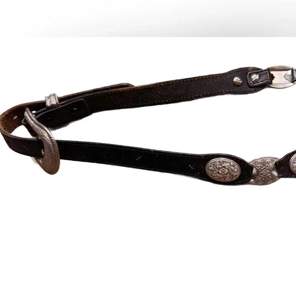 Justin Vintage Black Leather Belt with Silver Buckle and Conchos ladies size XL